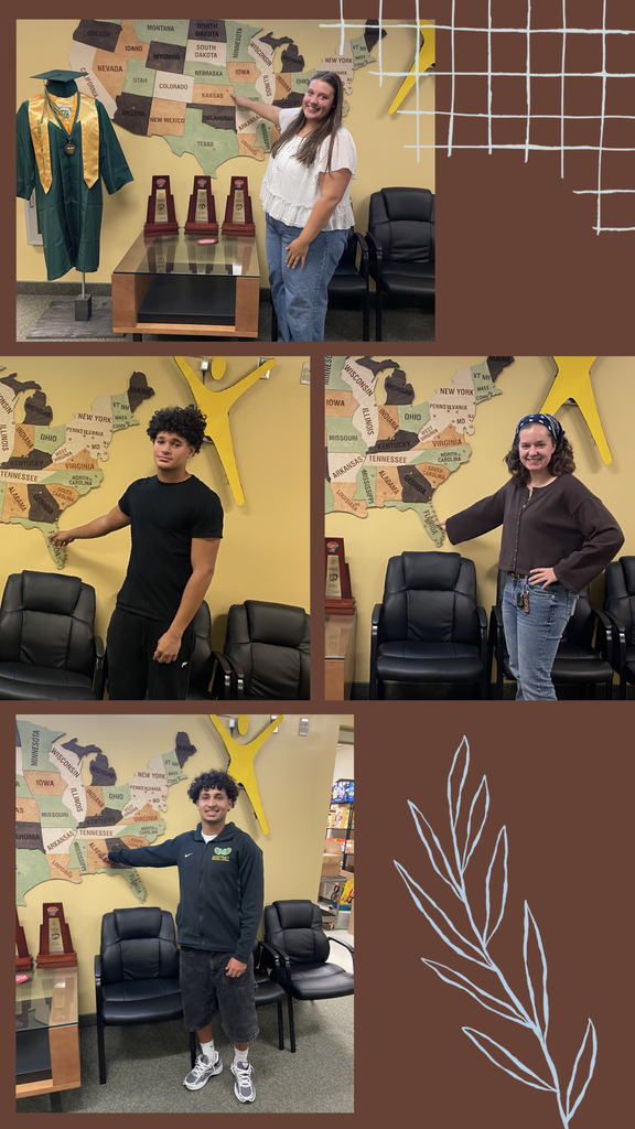 Four collage panels of people in a room. A cap and gown, three trophies, and a map of the United States are visible.