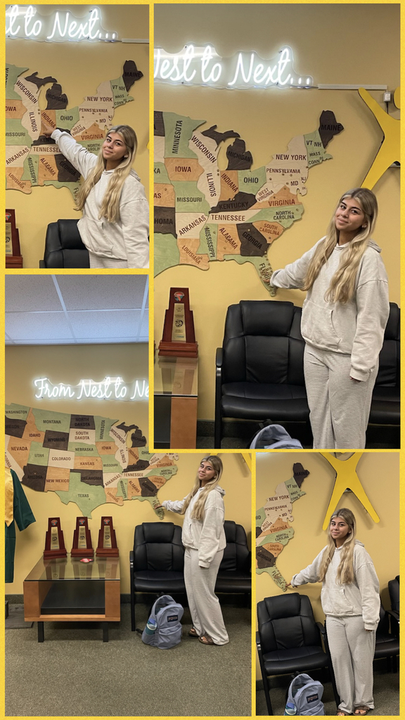A collage of four images of a woman wearing sweatpants pointing to a map of the US.