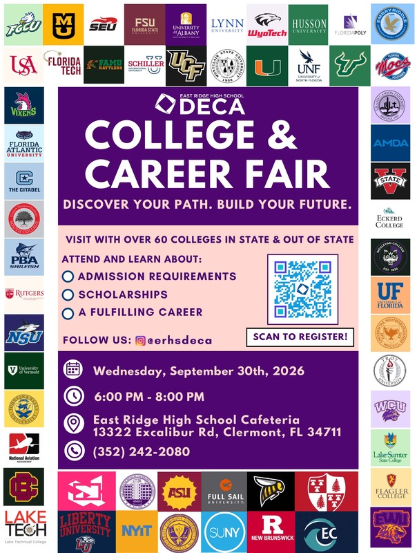 College logos with wording that says "East Ridge High School DECA College & Career Fair. Discover Your Path. Build Your Future. Visit with over 60 colleges in state and out of state"