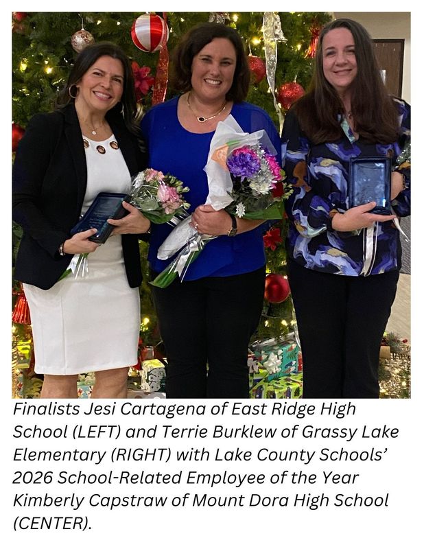 Finalists Jesi Cartagena and Terrie Burklew pose with Kimberly Capstraw in front of Christmas tree.