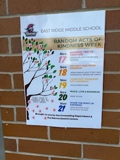 Sign outlining Random Acts of Kindness Week and what students should do each day that week