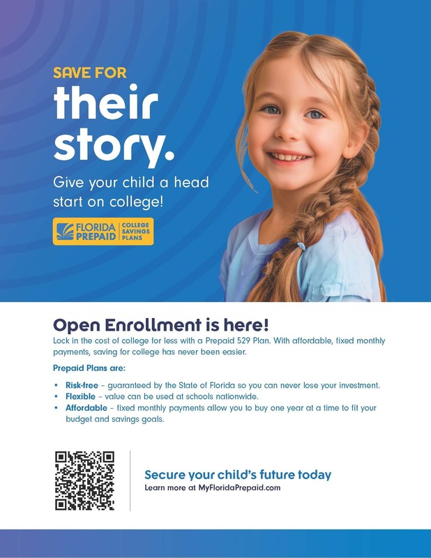 Young girl smiling. Wording: "Save for their story. Give you child a head start on college" with Florida Prepaid College Savings Plan logo