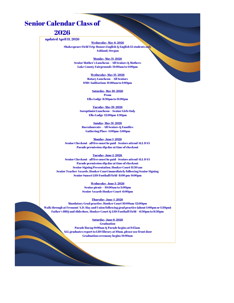 Updated Senior Calendar