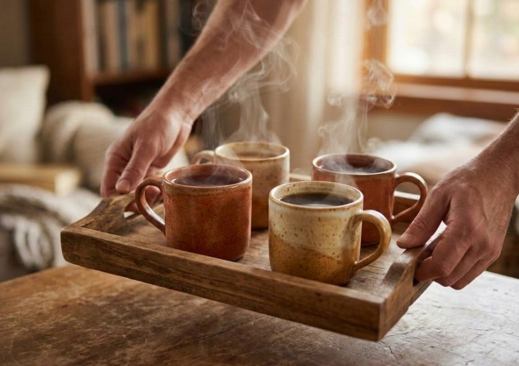 Tray of coffee and tea cups
