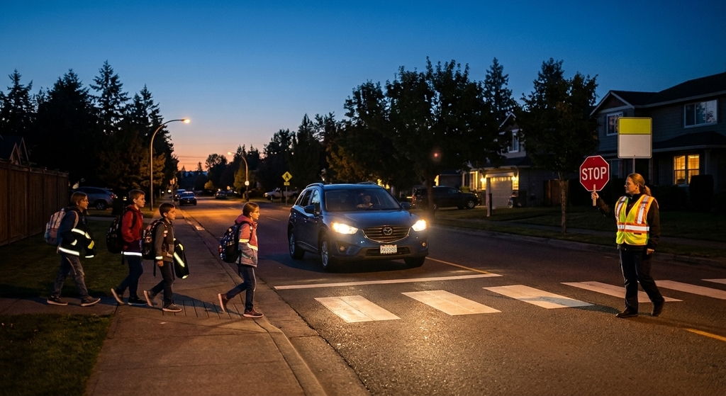 Kids walking to school in the dark.
