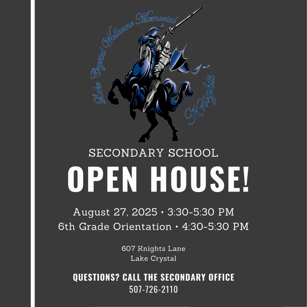 Secondary Open House, 6th Grade Orientation, and the Kindergarten/Knights Plus Open House are next week!  Elementary Conferences are the following week.  All the details can be found on our Back-to-School website.  If you did not receive the mailer from the elementary, please call the office at 507-726-2120.