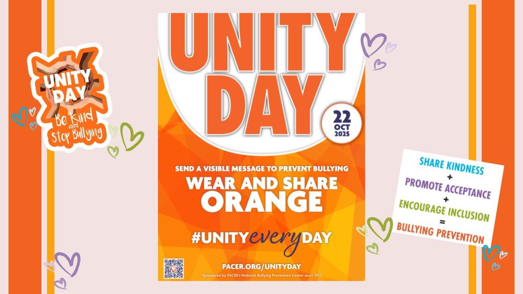 Unity Day is Wednesday, October 22nd! We invite all students and staff to wear orange to show support for kindness, acceptance, and inclusion. Let’s come together to stand against bullying and celebrate the power of unity! Thank you for helping us make this a meaningful day!