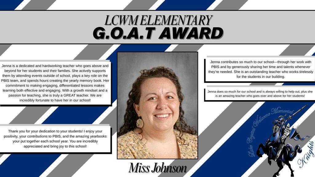 Congrats to our September GOAT Award Winner – Miss Johnson! 🐐🎉 We are incredibly grateful to have her as a teacher at our school. She contributes so much to our students and school community. Thank you for all that you do, Miss Johnson! 💙