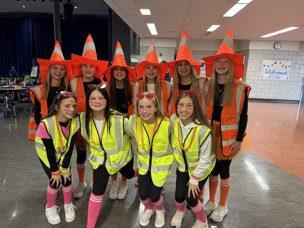 Students dressed up as traffic cones and construction workers 