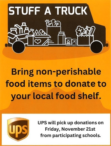 Dear Families, Our Stuff-A-Truck Food Drive begins on Monday! We will be holding a friendly competition between classes to see which one can collect the most items. Please consider sending non-perishable food items with your child(ren) or dropping them off at school at your convenience. Thank you for supporting our school and community!