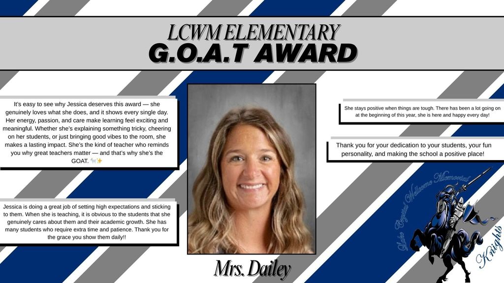 Congratulations to Mrs Dailey for being November's GOAT Award winner! We are lucky to have her in our school!