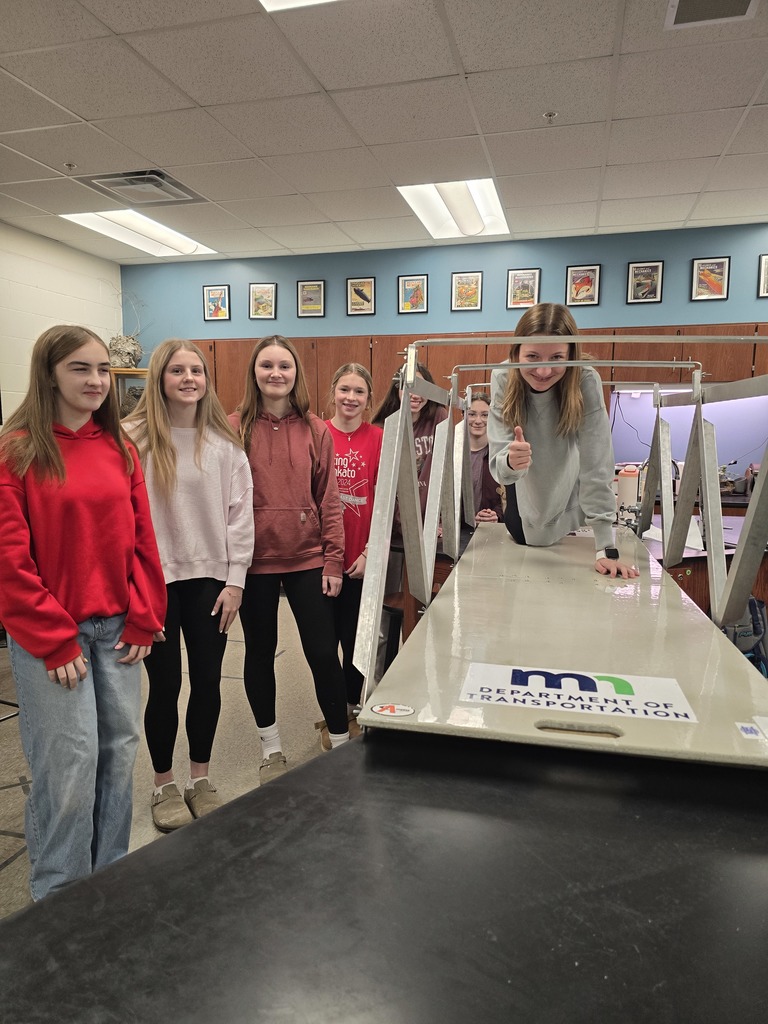 This afternoon, Mrs. Bergstad’s science class learned from MnDOT about bridge types, strengths, repairs, and design. They showed the students the work they did on Highway 60 and the effort it took to remove the old Rapidan Bridge after the flood. The students built bridge models, worked as a team, followed instructions, and experienced a little trial and error—but gained many learning opportunities along the way. Thank you, MnDOT, for coming in and educating our students!