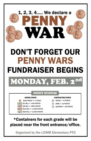 LCWM Elementary PTO Penny Wars begins on Monday, February 2