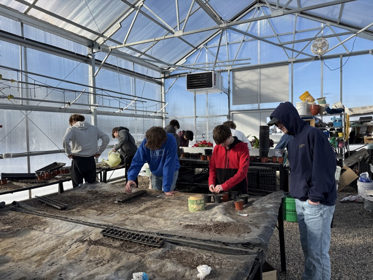 students planting seeds in the greenhouse 