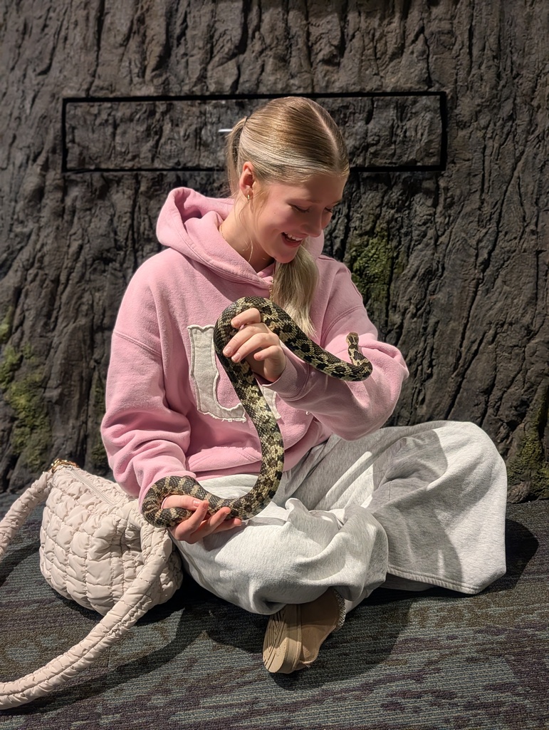 Student holding a snake while sitting cross legged on the floor at the Hormel Nature Center. 