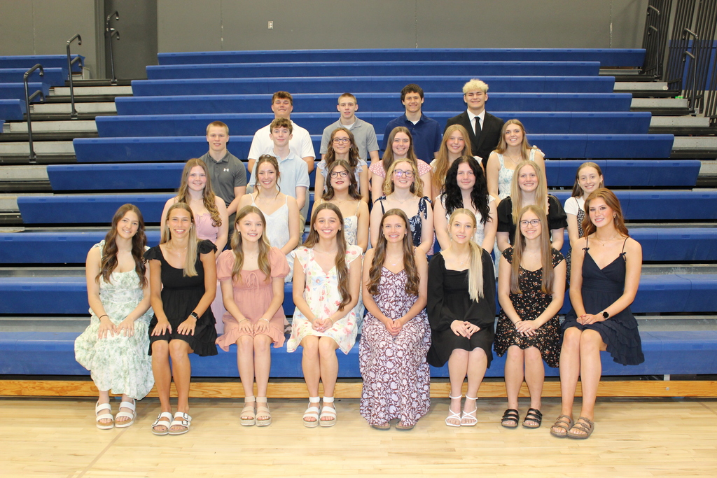 Second year NHS Inducted members sitting in the bleachers smiling at camera.