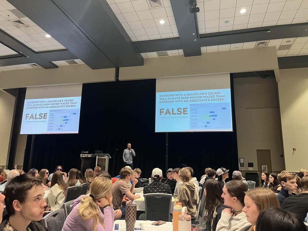 Students sitting at tables in a big room with two big screens near the ceiling.  The screens are displaying a trivia question, Someone with a bachelors degree will always earn higher wages than someone with an associates degree.  The word false is displayed on the sceen with a small graph that is not legible in the photo showing the wages.  