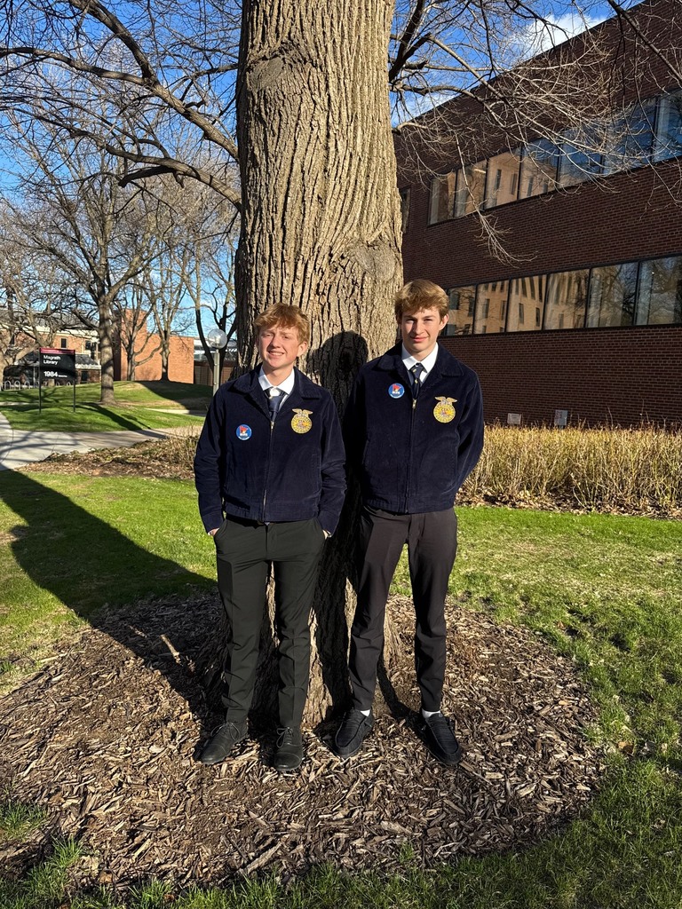 two boys in their official FFA dress standing in front of a tree at the MN State Fairgrounds prepared for their competition.  