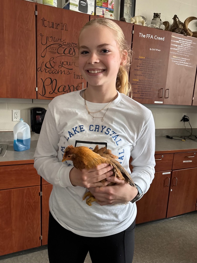 Student holding chicken in classroom. 