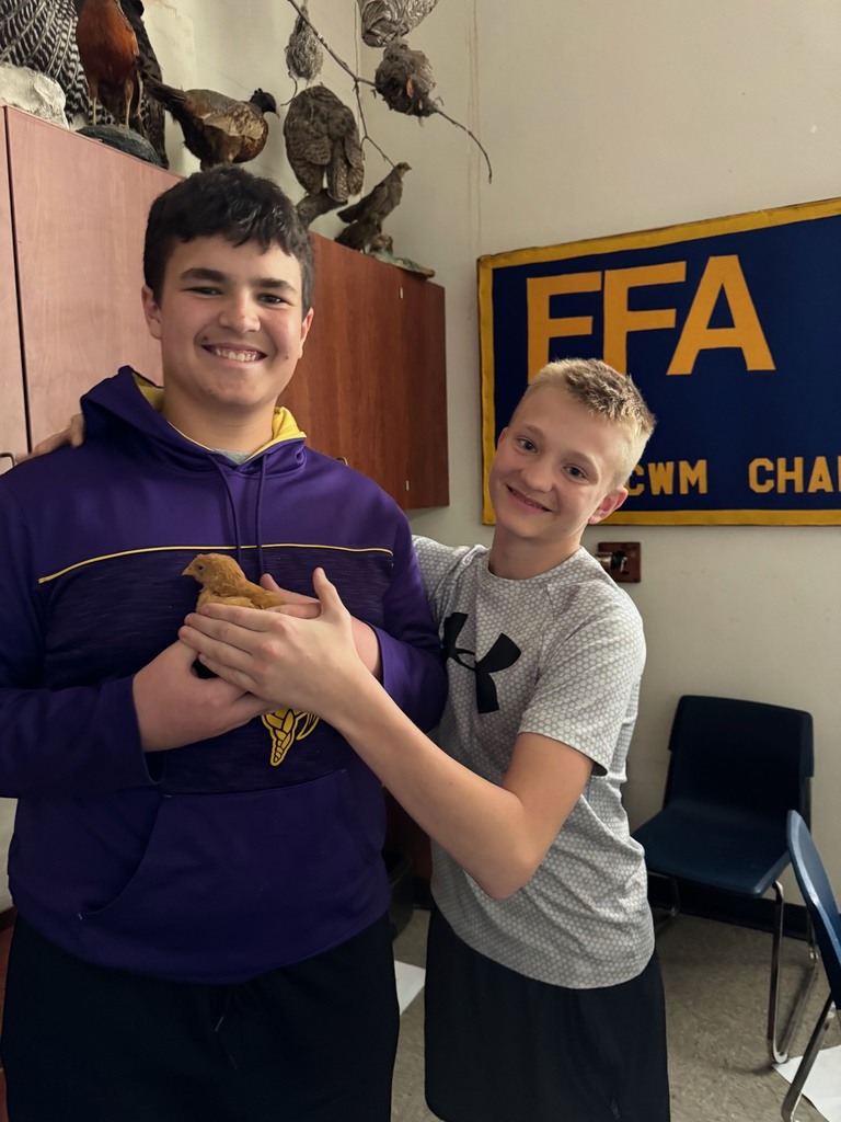 Student holding chicken in classroom. 
