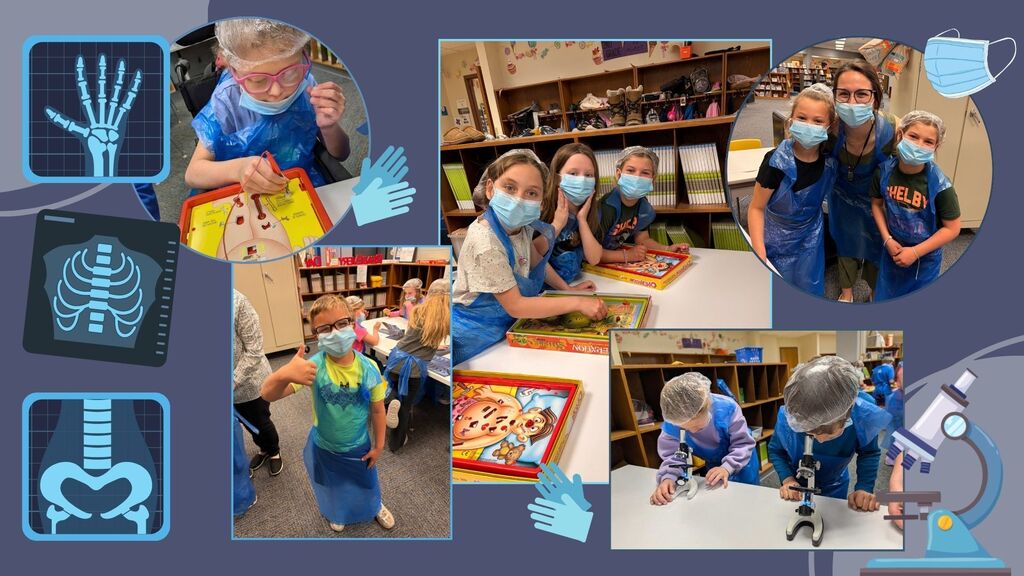 LCWM 2nd grade getting to become surgeons for the day. Practicing fine motor skills with the game Operation, studying slides on the microscope, and examining x-rays.