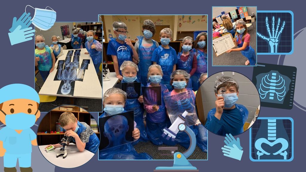 LCWM 2nd grade getting to become surgeons for the day. Practicing fine motor skills with the game Operation, studying slides on the microscope, and examining x-rays.