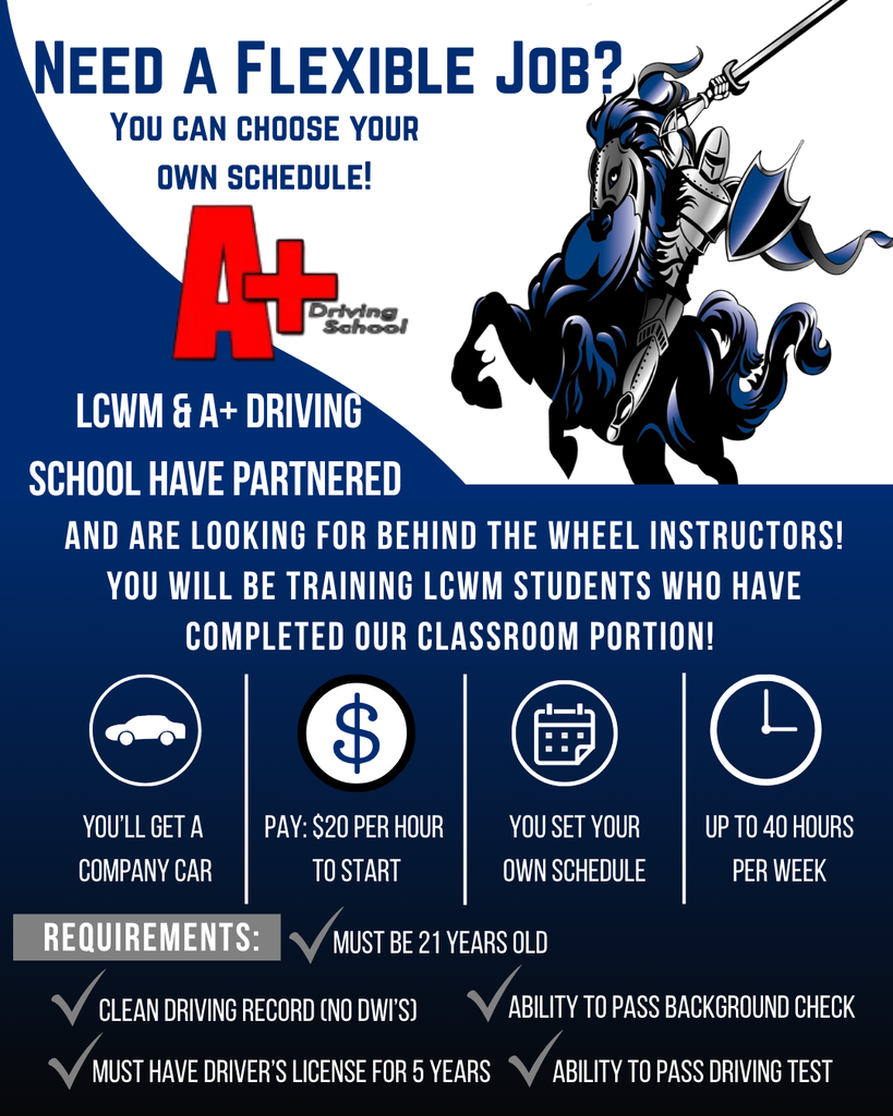 Do you need a flexible job where you can choose your own schedule? A+ Driving School is looking for behind the wheel instructors. Yes, I know, it sounds scary. But wait, it's actually fun, flexible, and a great fit for almost everyone... You'll get a company car. Pay range $20 per hour to start. You set your own schedule. Up to 40 hours a week if you want. Requirements: Must be at least 21 years old Have held a drivers license for at least 5 years Clean Driving Record (No DWI's) Ability to pass an FBI and BCA background check Ability to pass a written and road driving exam