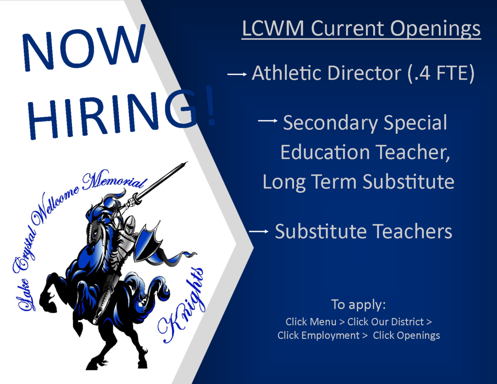 Now Hiring!  Athletic Director .4 FTE, Secondary school special education teacher long term substitute, and substitute teachers.  To apply, click here: https://www.applitrack.com/mved/onlineapp/default.aspx?choosedistrict=true&applitrackclient=37236&all=1#