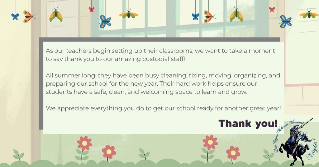 As our teachers begin setting up their classrooms, we want to take a moment to say thank you to our amazing custodial staff! All summer long, they have been busy cleaning, fixing, moving, organizing, and preparing our school for the new year. Their hard work helps ensure our students have a safe, clean, and welcoming space to learn and grow. We appreciate everything you do to get our school ready for another great year!