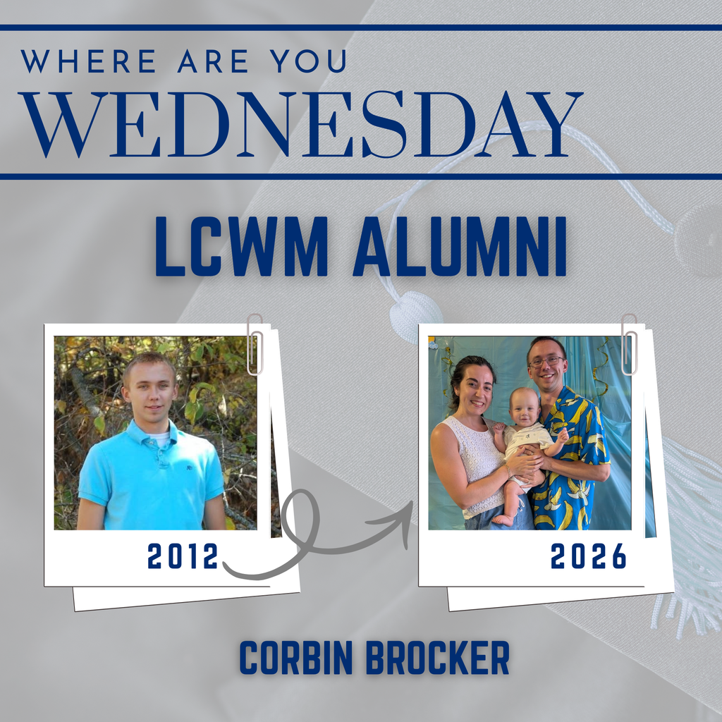 Two images of a senior photo and a family photo on a template that says where are you wednesday. LCWM Alumni. Corbin Brocker.