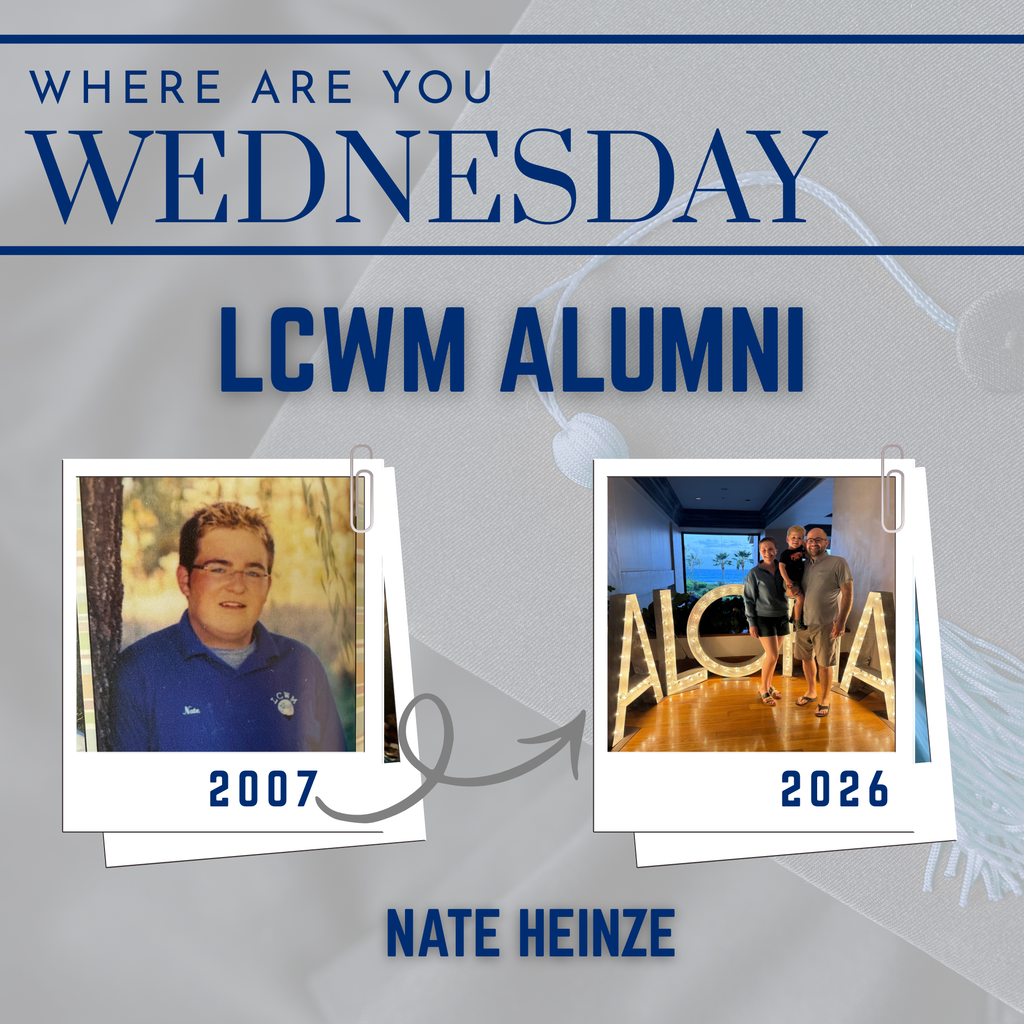 Graduation photo from 2007 and a photo of a husband wife and child labeled with 2026.