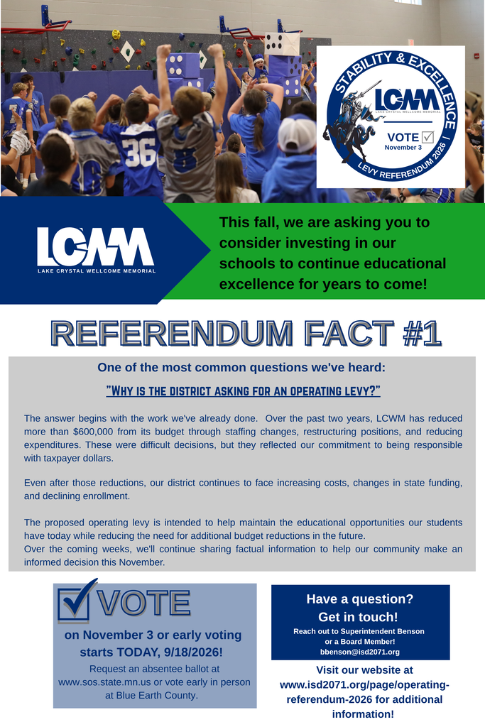 One of the most common questions we've heard: "Why is the district asking for an operating levy?" The answer begins with the work we've already done. Over the past two years, LCWM has reduced more than $600,000 from its budget through staffing changes, restructuring positions, and reducing expenditures. These were difficult decisions, but they reflected our commitment to being responsible with taxpayer dollars. Even after those reductions, our district continues to face increasing costs, changes in state funding, and declining enrollment. The proposed operating levy is intended to help maintain the educational opportunities our students have today while reducing the need for additional budget reductions in the future. Over the coming weeks, we'll continue sharing factual information to help our community make an informed decision this November.