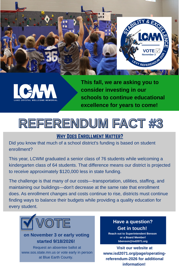 LCWM Levy Facts | Fact #3: Why Does Enrollment Matter? Did you know that much of a school district's funding is based on student enrollment? This year, LCWM graduated a senior class of 76 students while welcoming a kindergarten class of 64 students. That difference means our district is projected to receive approximately $120,000 less in state funding. The challenge is that many of our costs—transportation, utilities, staffing, and maintaining our buildings—don't decrease at the same rate that enrollment does. As enrollment changes and costs continue to rise, districts must continue finding ways to balance their budgets while providing a quality education for every student.
