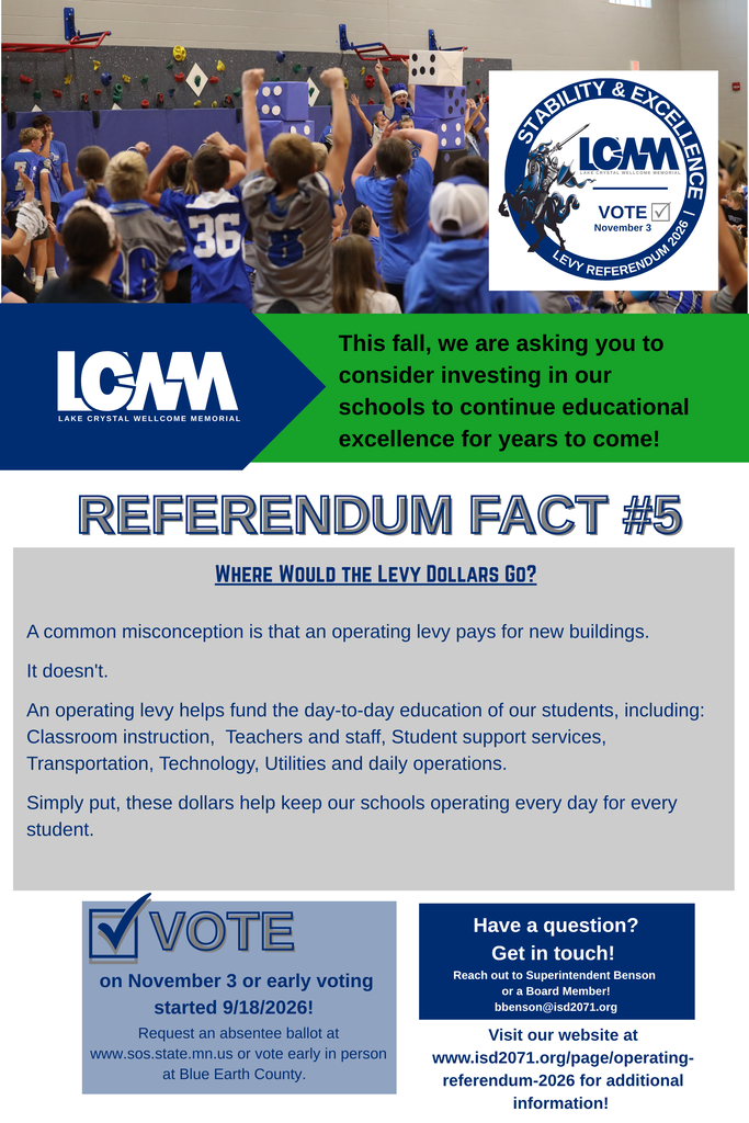 LCWM Levy Facts | Fact #5: Where Would the Levy Dollars Go? A common misconception is that an operating levy pays for new buildings. It doesn't. An operating levy helps fund the day-to-day education of our students, including: • Classroom instruction • Teachers and staff • Student support services • Transportation • Technology • Utilities and daily operations Simply put, these dollars help keep our schools operating every day for every student.