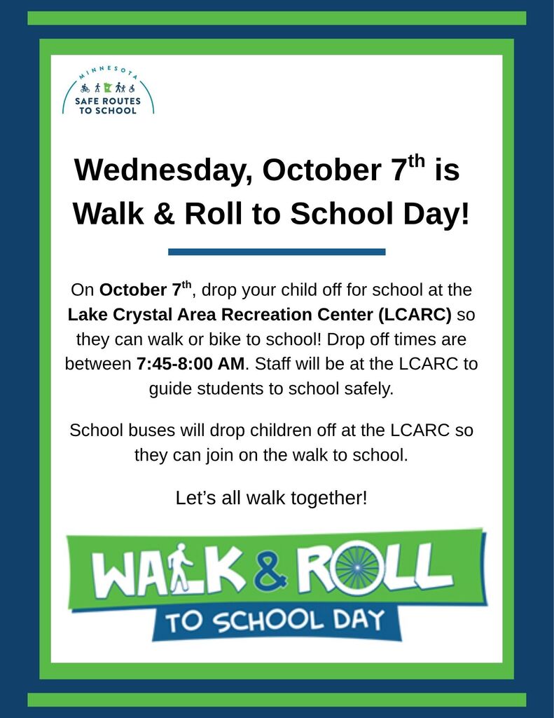 LCWM Elementary will be participating in Walk and Roll to School Day. This event takes place on Wednesday, October 7th. Staff and students will meet at the LCARC between 7:45-8:00 and will walk in smaller groups to school.
