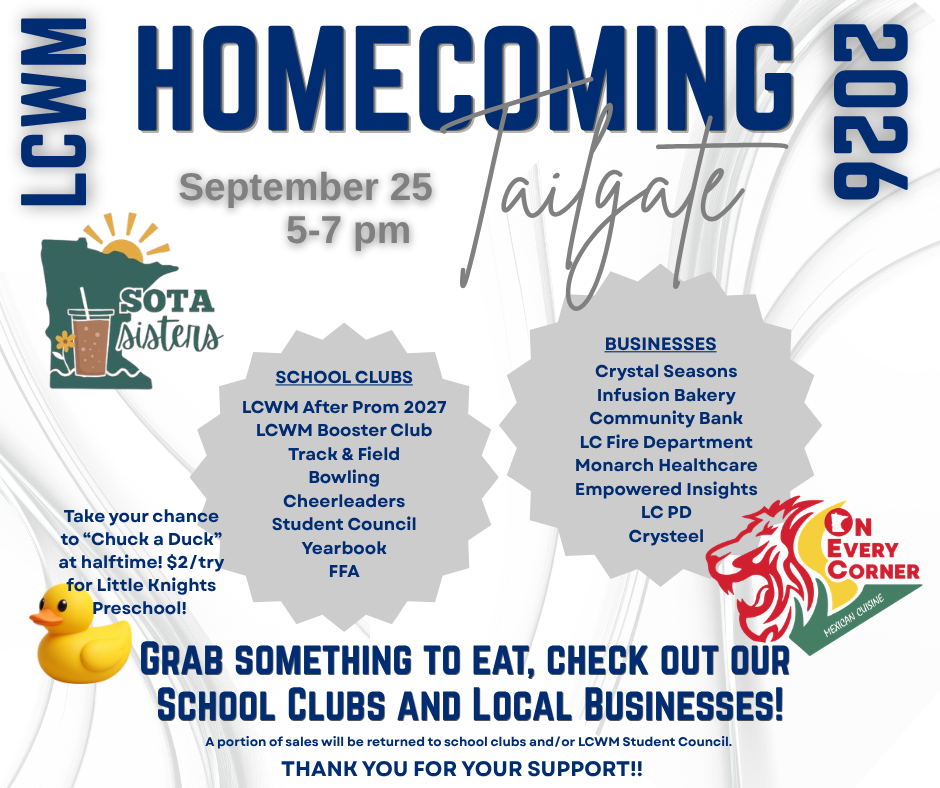 Homecoming tailgate event from 5-7. An image listing the school clubs and area businesses that will be there.