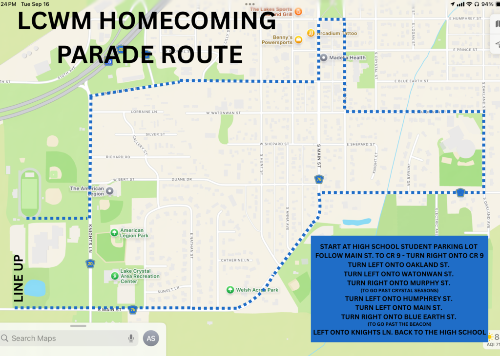 homecoming parade route.  Picture of a map with dotted lines along the route. 