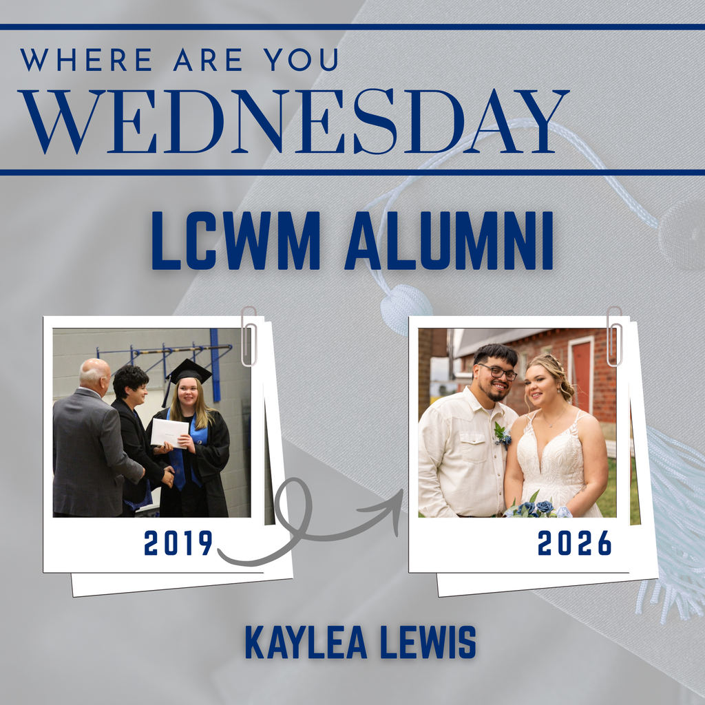 Photo of a student getting her diploma in 2019 and then smiling and looking at the camera in 2026 with her husband.