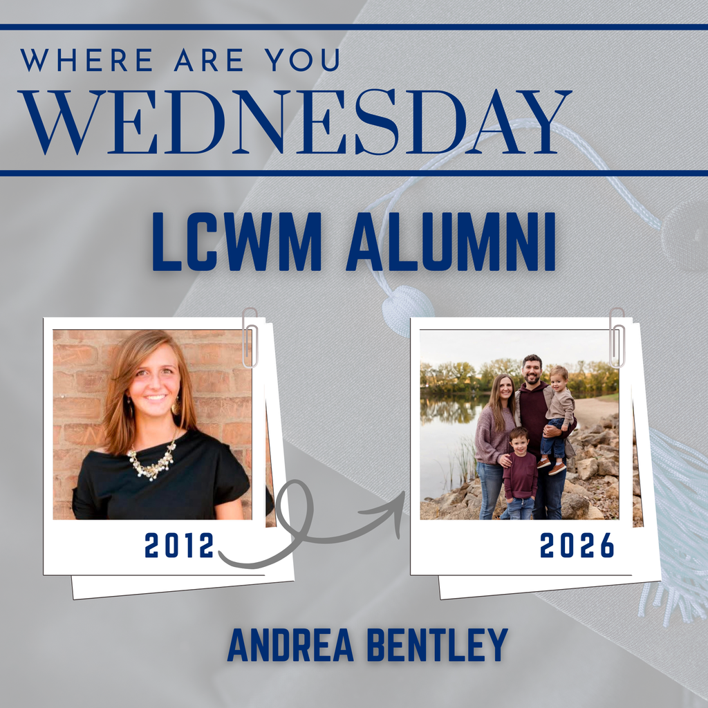 a then and now photo of a student's graduation photo and then a family photo of her, her husband, and two boys.