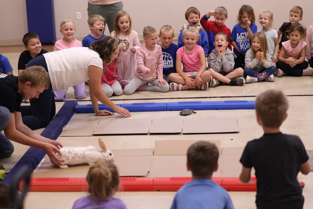 kids sitting around a cardboard race track with a turtle and a rabbit racing eachother.