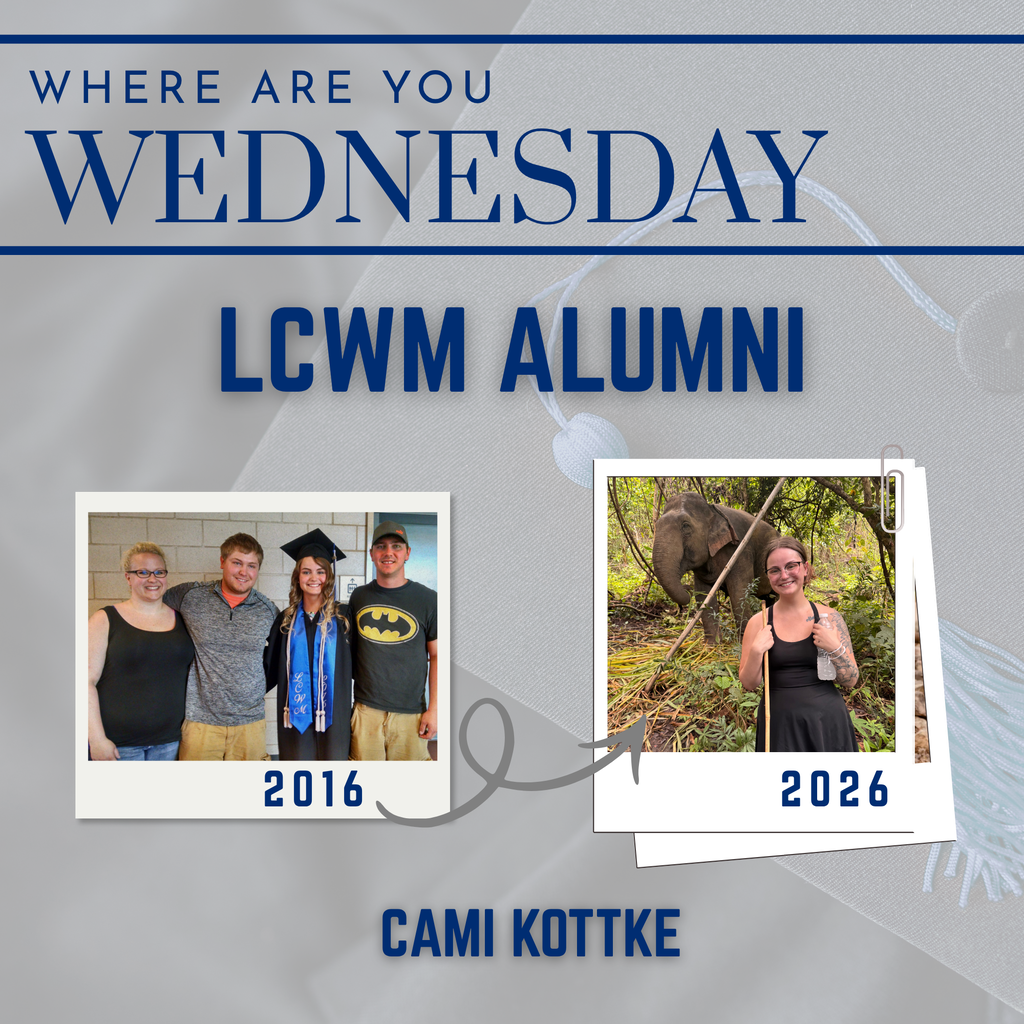 Photo of "where are you Wednesday. A photo of mom, daughter and two sons standing with the daughter who is wearing a graduation cap and gown, looking at the camera.