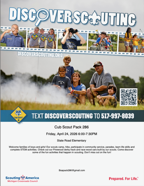 Cub Scout Pack 269 Meeting on April 24th at 6PM. The Meeting is at State Road Elementary, in Fenton.