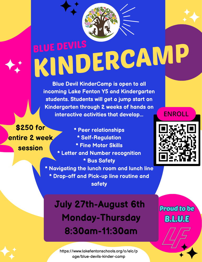 kindercamp enrollment Julyu 27-Aug 6 Monday through Thursday 8:30-11:30am