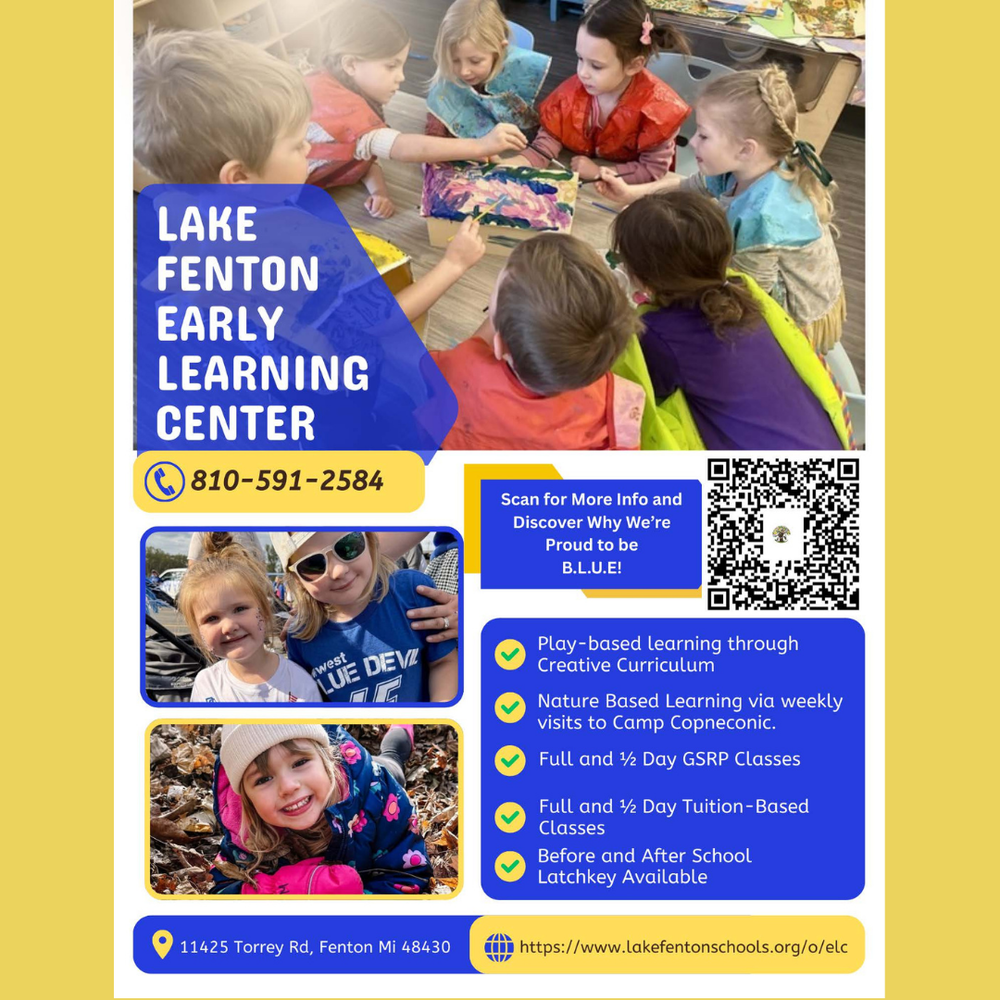 lake fenton early learning center preschool registration flyer. call 810-591-2584 for more info