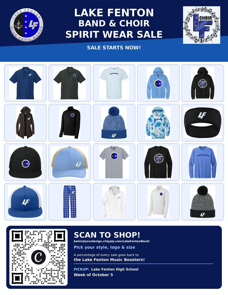 Lake Fenton Band and Choir has spirit wear available for purchase. Hats, ear warmers, long and short sleeved shirts, hoodies, and pajama pants are all available. Simply pick your style, logo, and size. A percentage of every sale goes back to the Lake Fenton Music Boosters. Order now and pick up at Lake Fenton High School the week of October 5th--just in time for Homecoming! Scan the QR code or go to http://www.behindyourdesign.chipply.com/LakeFentonBand/