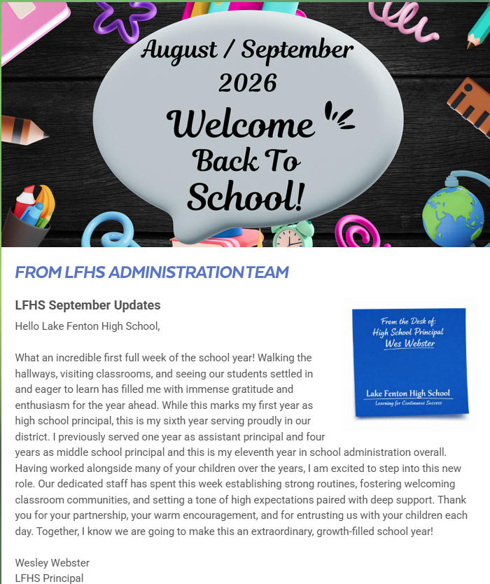 Newsletter for August/September 2026 for LFHS.