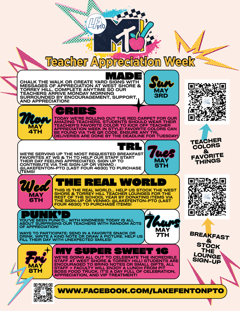 LF PTO- Staff Appreciation Week. May 4th- May 8th,