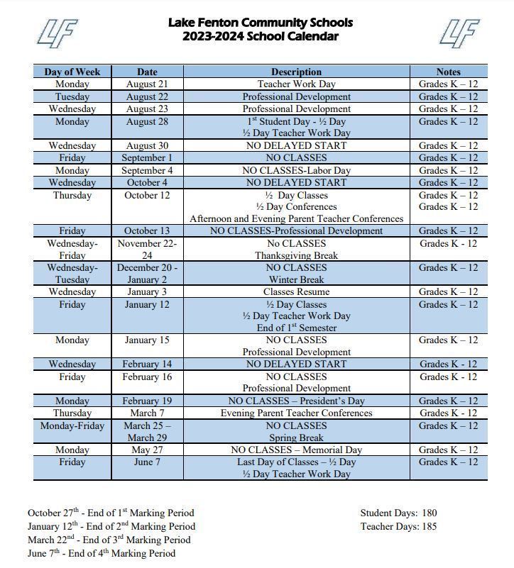 LFCS 2023-2024 School Calendar | Lake Fenton High School