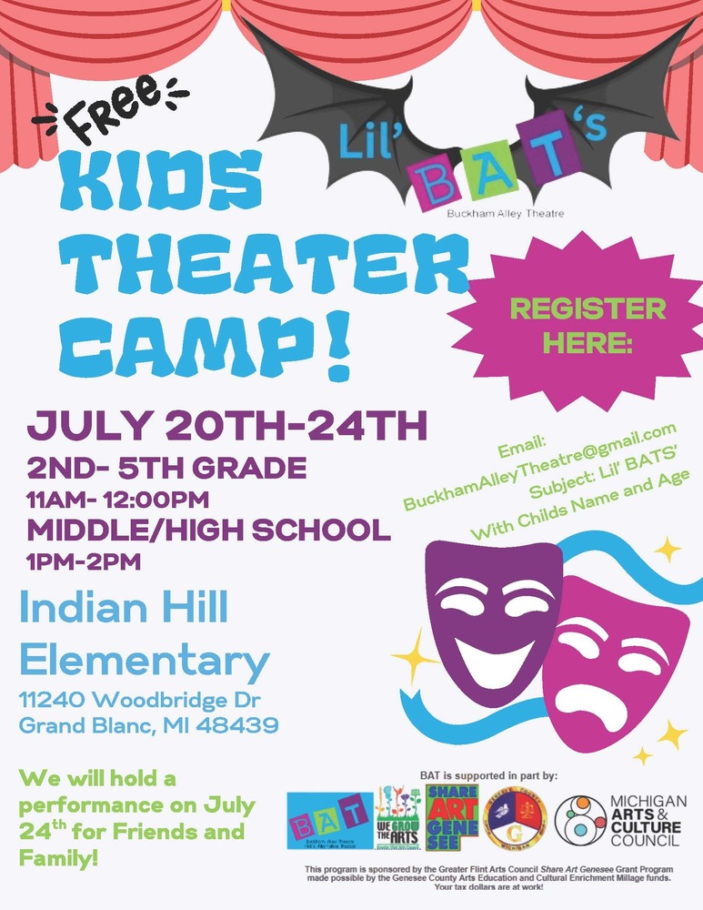 Free Kids Theater Camp July 20th-24th. Open to all 2nd to 5th graders.