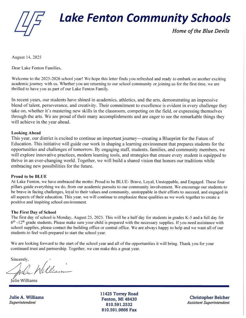 Superintendent Welcome Back Letter